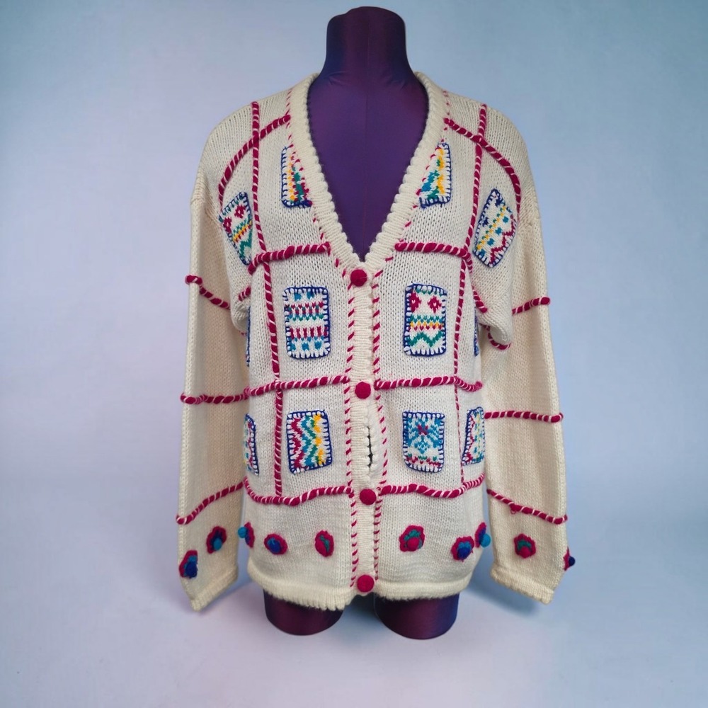 Kids Today Vintage Chunky Knit Cardigan White Pink Whipstitch Pom Pom Size Large
